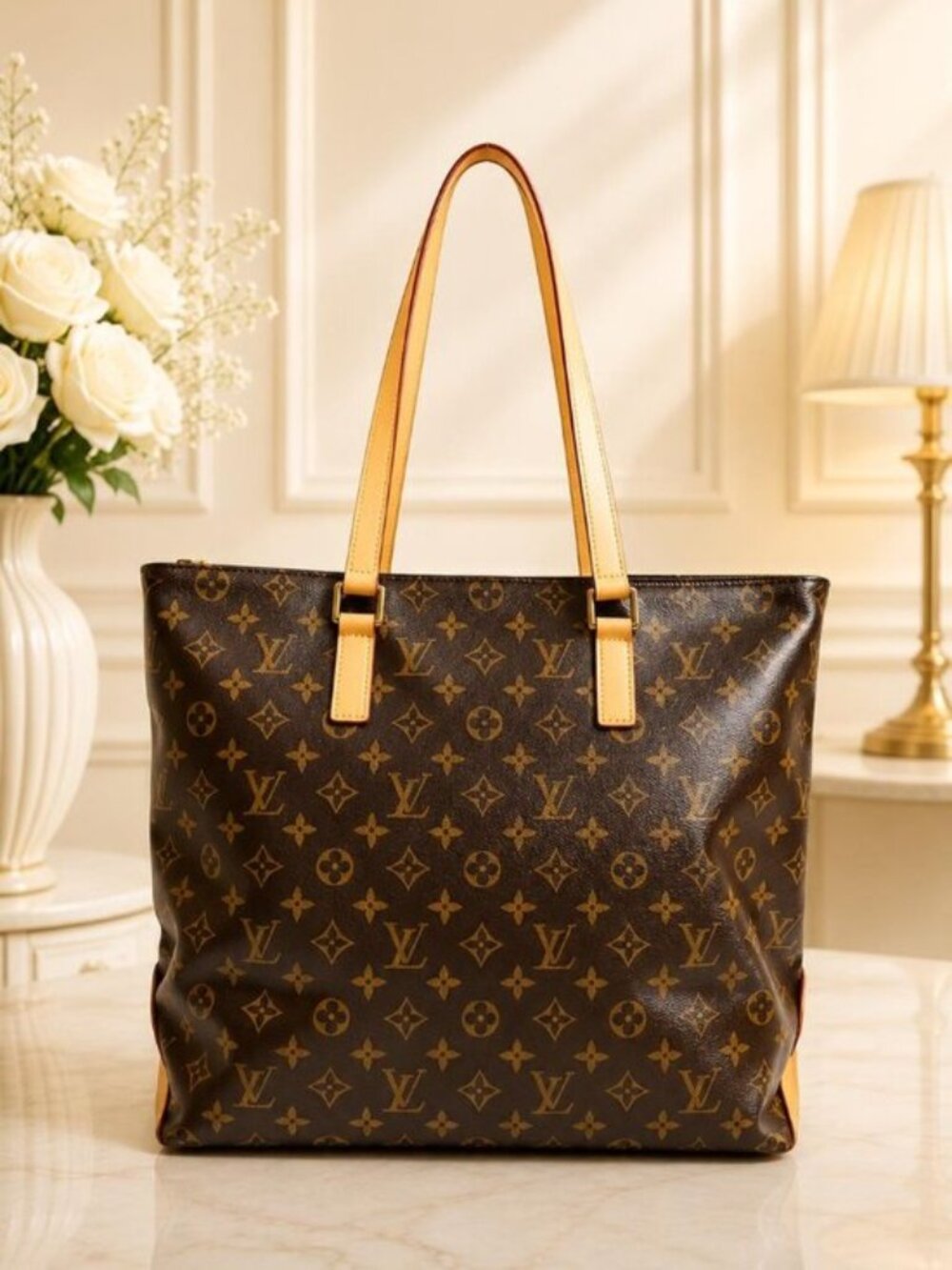 Authentic Louis Vuitton Cabas Mezzo Monogram Tote Bag Brown Canvas Shoulder Bag
